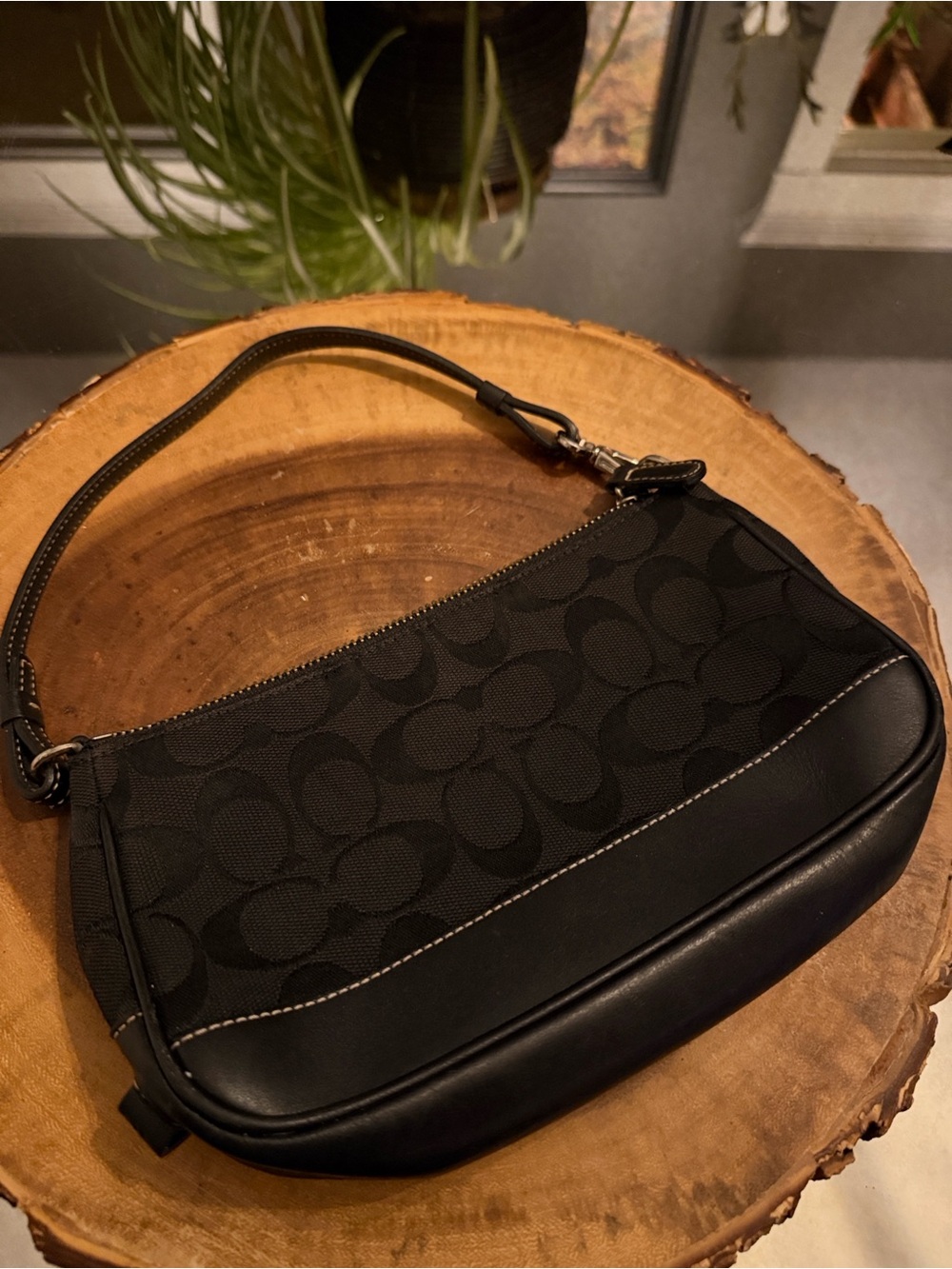 Coach Signature Canvas/Leather Black Pouch Mini Shoulder Handbag- 6094